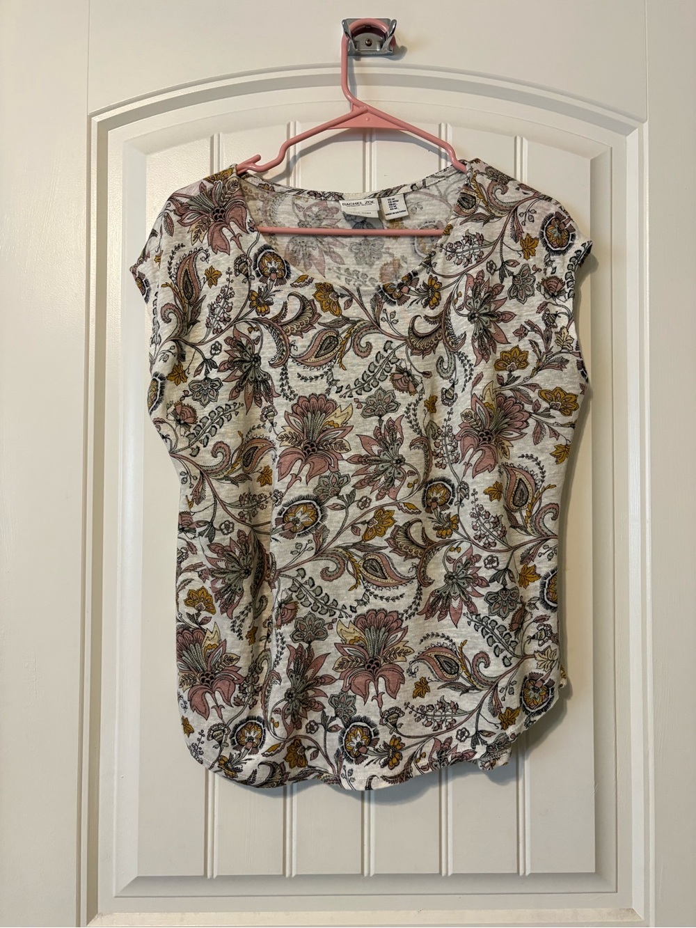 Rachel Zoe White Floral Paisley Cap-Sleeve Blouse with Pink & Mustard
